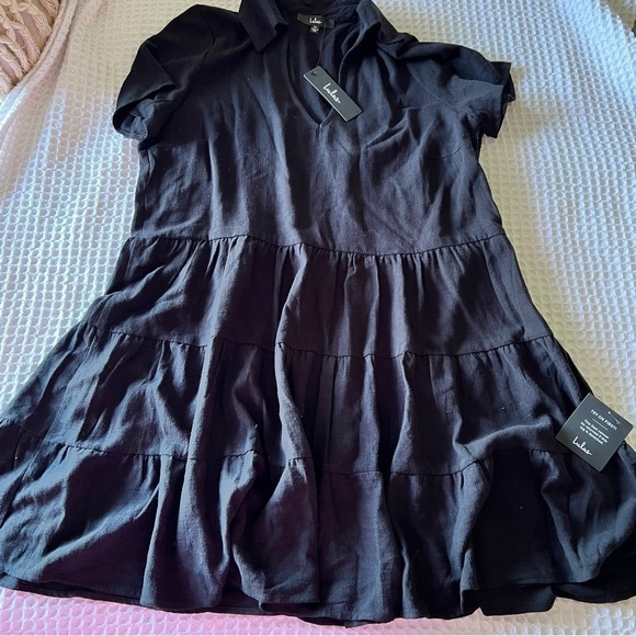 LULUS Darling Decision Black Linen Collared Tiered Mini Dress SIZE XL - Picture 8 of 11